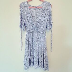 BROVAVE Summer Casual Dress V Neck Short Sleeve Floral Ruffle Mini Dress - M